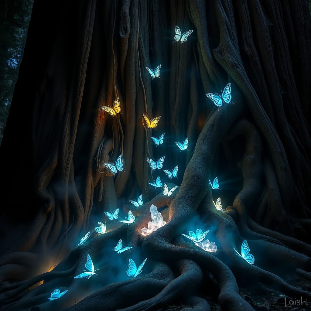 Bioluminescent Butterfly Sanctuary in Ancient Sequoia