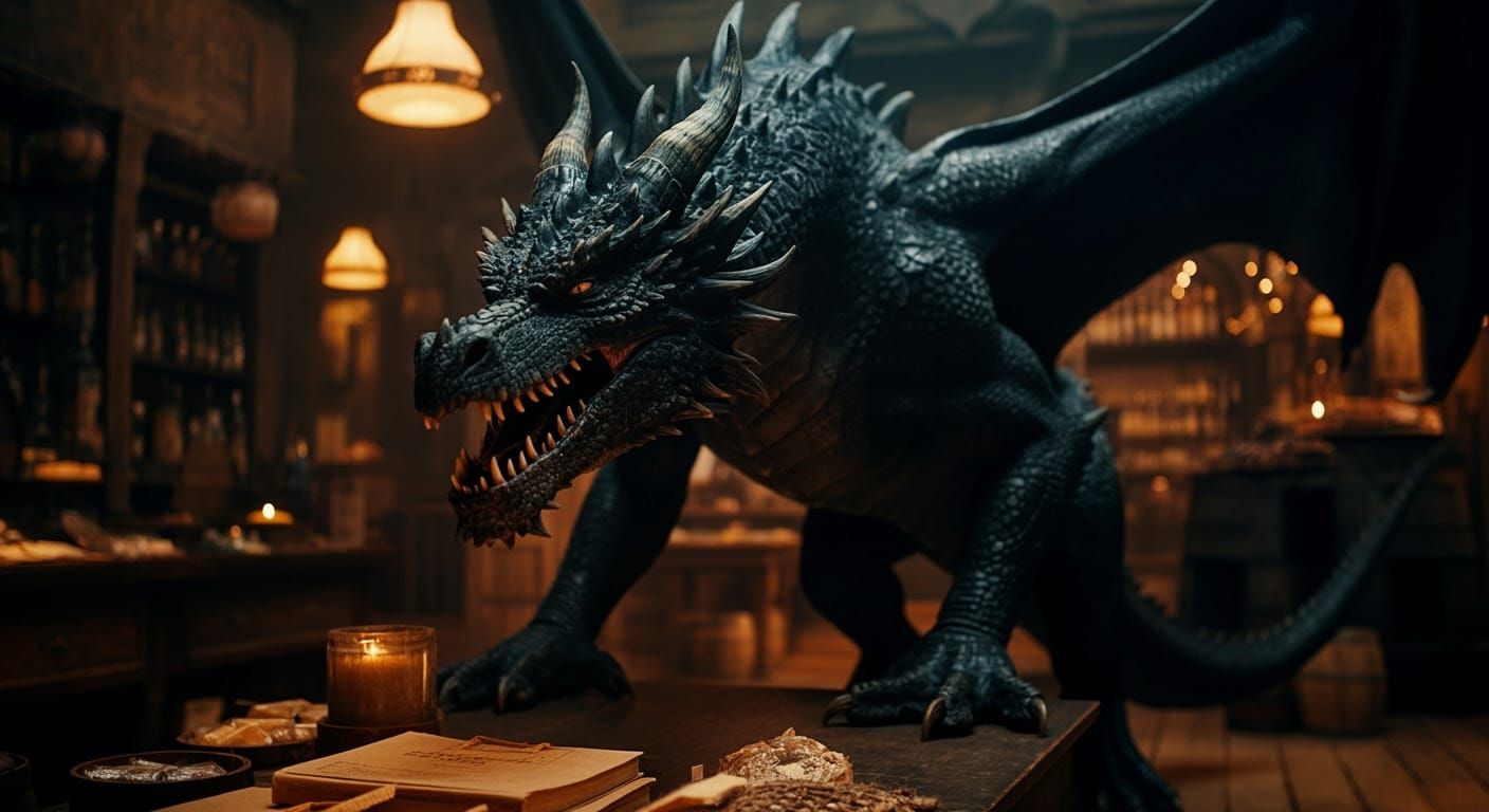 Epic Cinematic Dragon in His Shop, Shot on 35mm Film