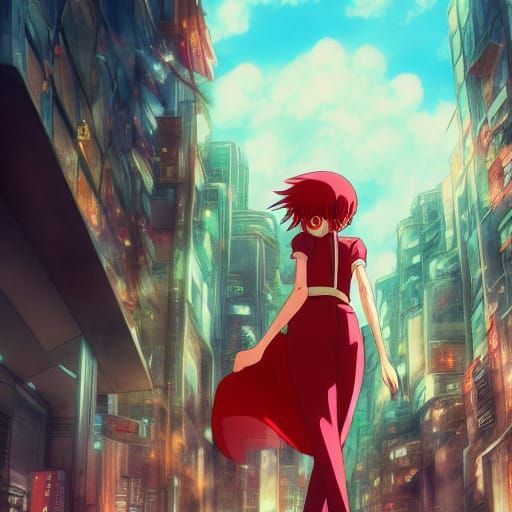 Anime Woman in Destroyed City, Studio Ghibli Style