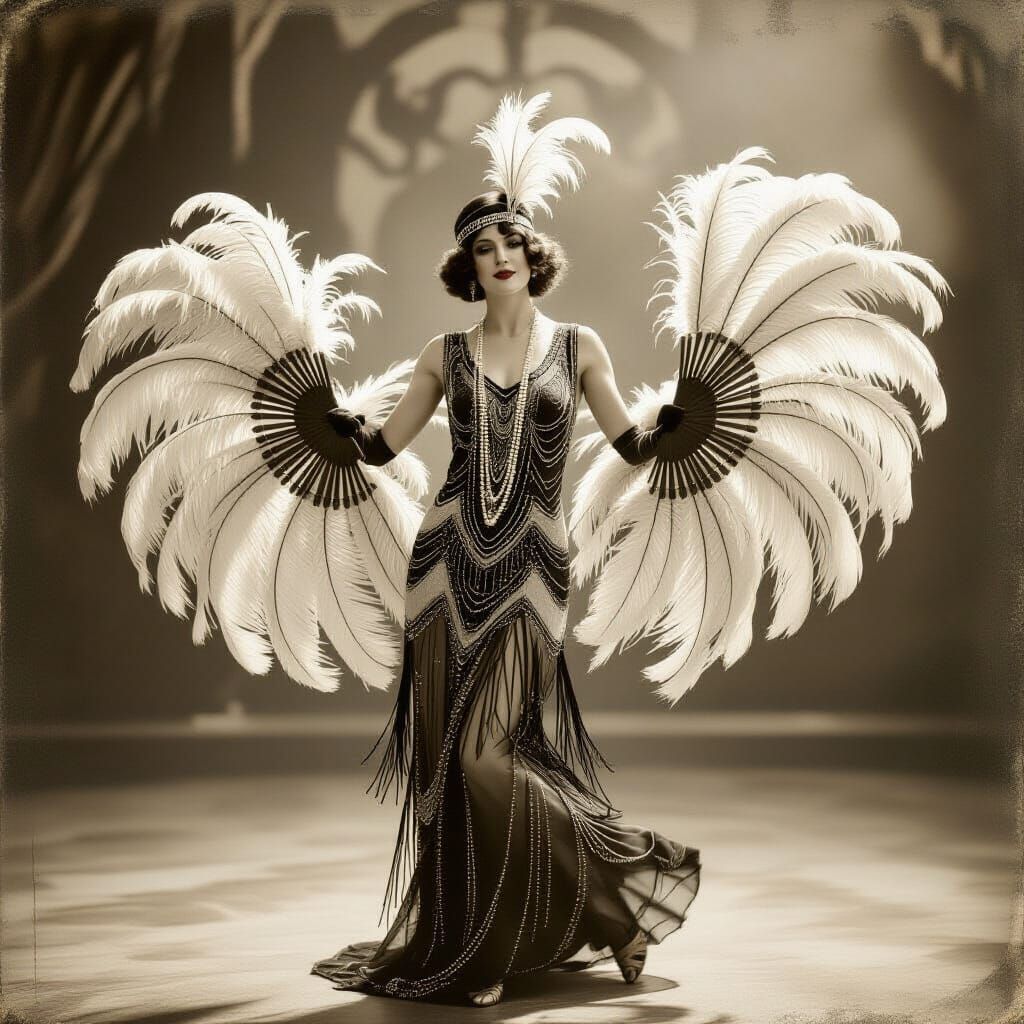 Flapper Dancing with Feather Fans in Art Nouveau Style