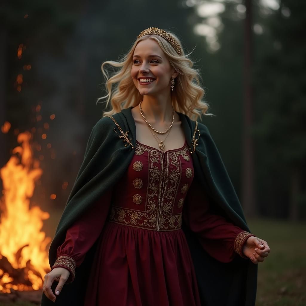 Lithuanian Woman Dancing by Bonfire as Oil Painting