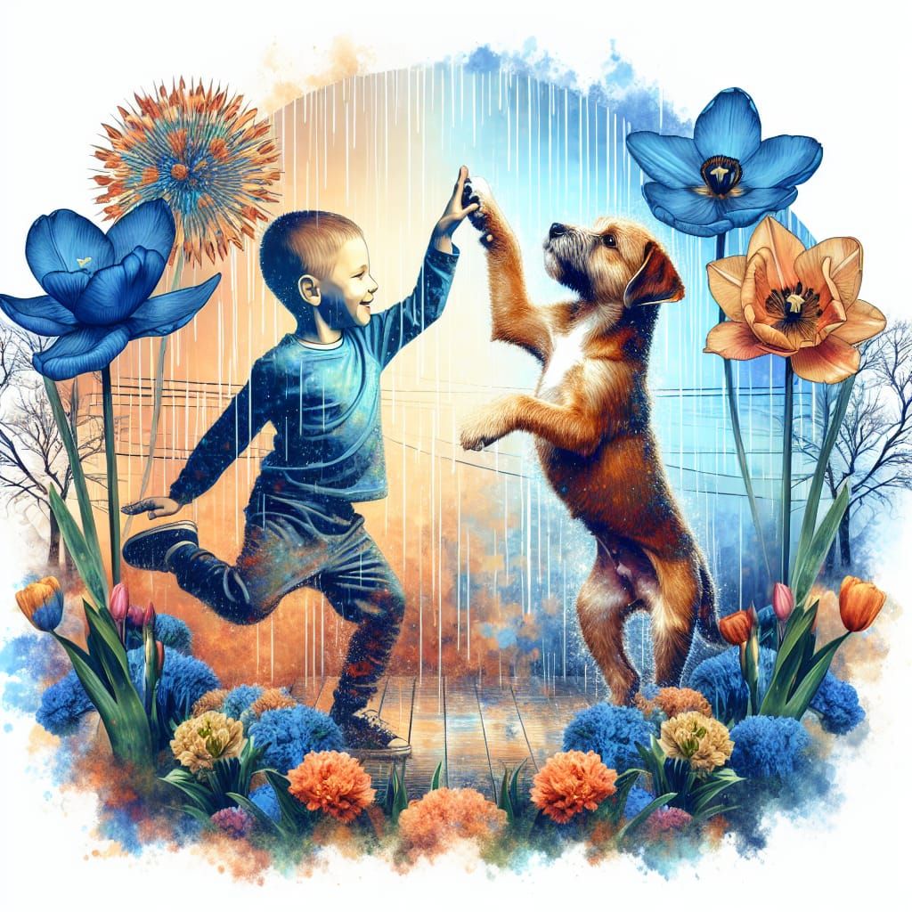Boy and Dog Dancing in Rainy Tulip Field
