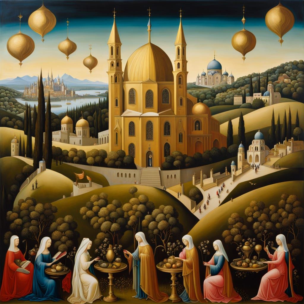 Surrealist Renaissance Masterpiece with Golden Highlights