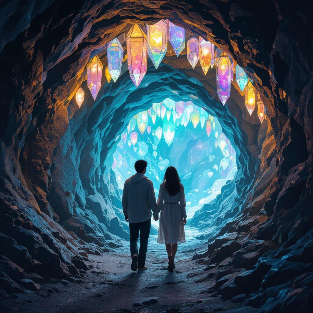 Lovers in Crystal Cave Tunnel, Astral Cosmic Illustration