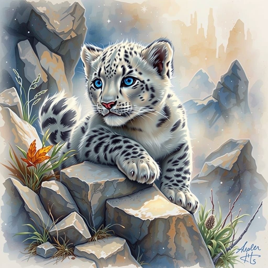 Adorable Snow Leopard Cub on Rocky Ledge in Watercolour Styl...