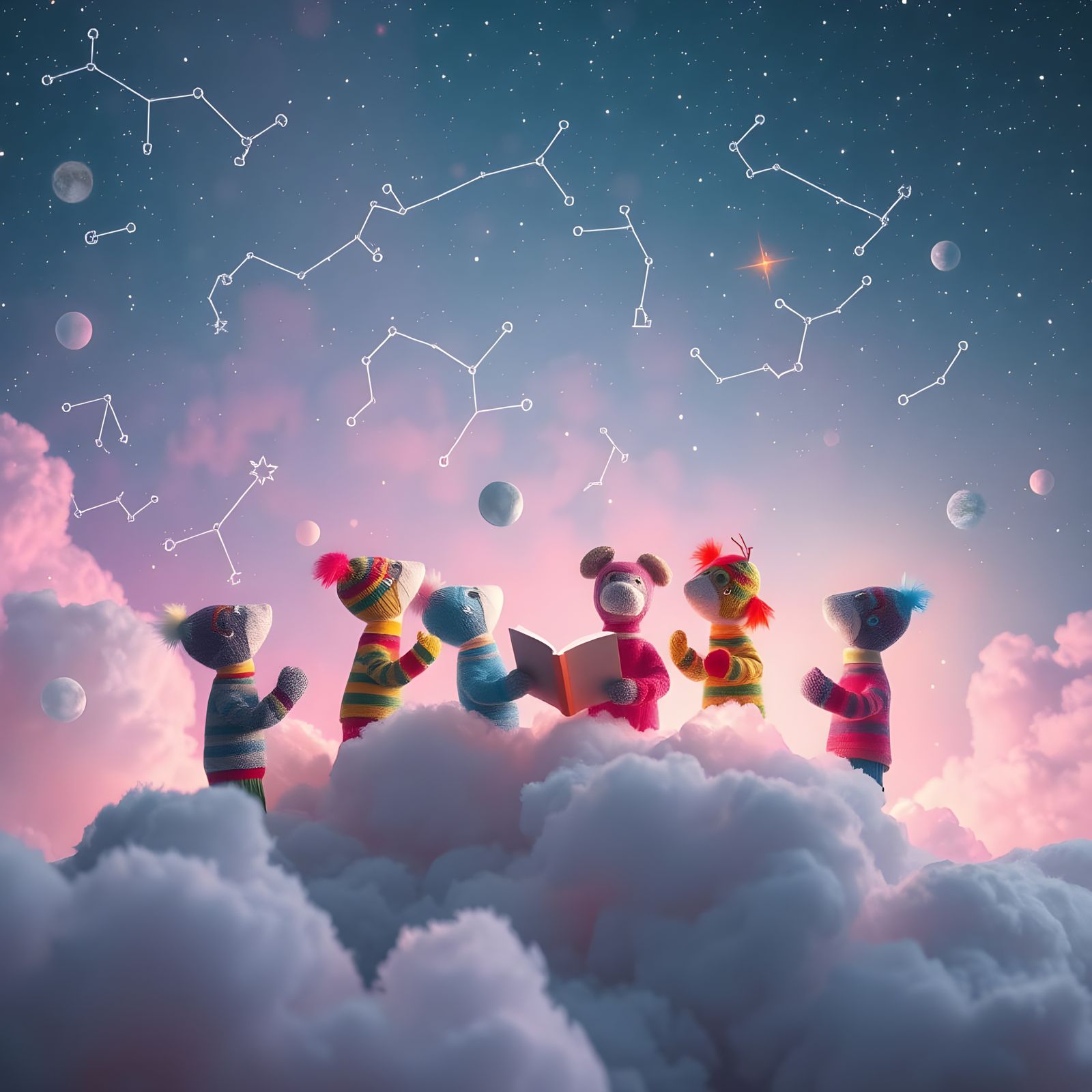 Whimsical Sock Puppet Constellations in Pastel Hues