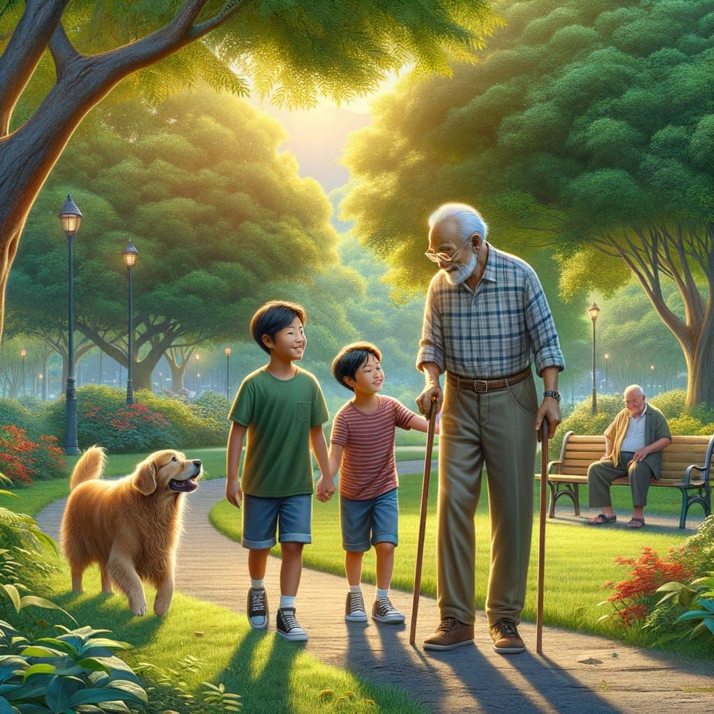 Children Help Elderly Man in Sunny Park with Golden Retrieve...
