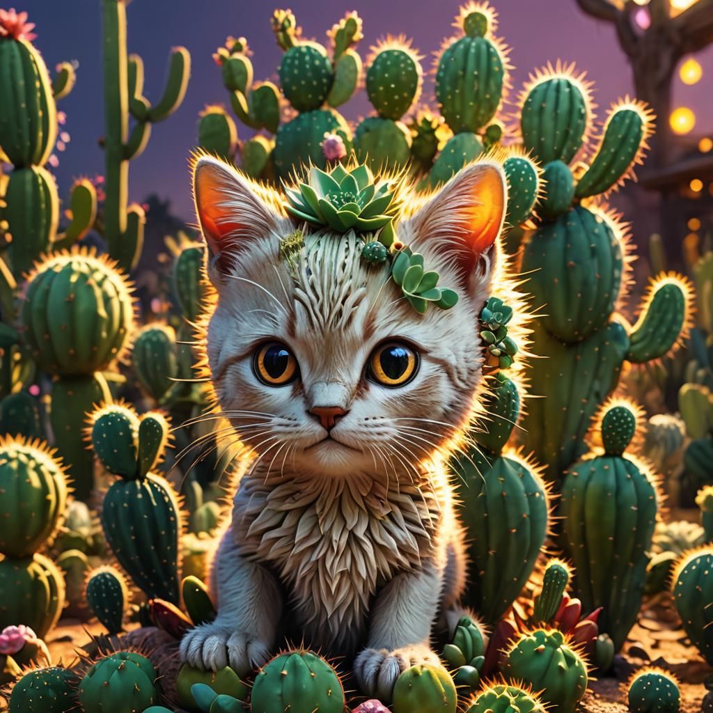 Intricate Cactus Holding Heterochromatic Cat: Digital Art