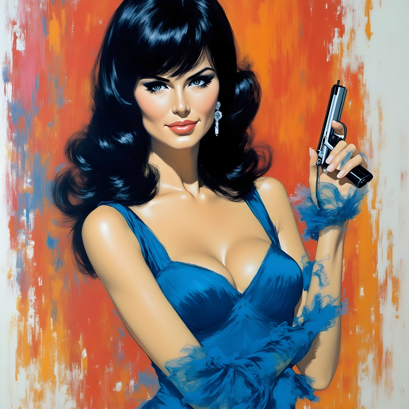 Elegant Brunette in Blue Dress, McGinnis Style Illustration