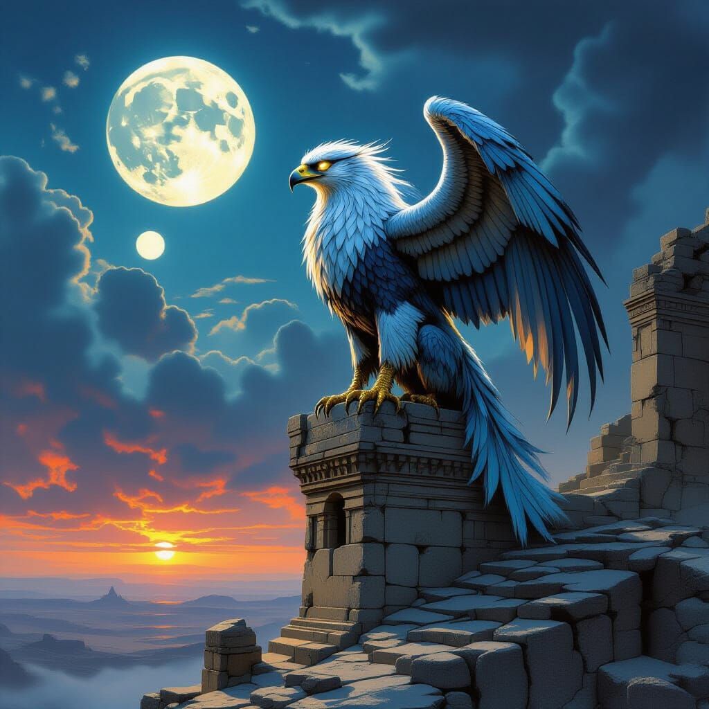 Majestic Griffin on Ancient Ruins Under Twin Moons