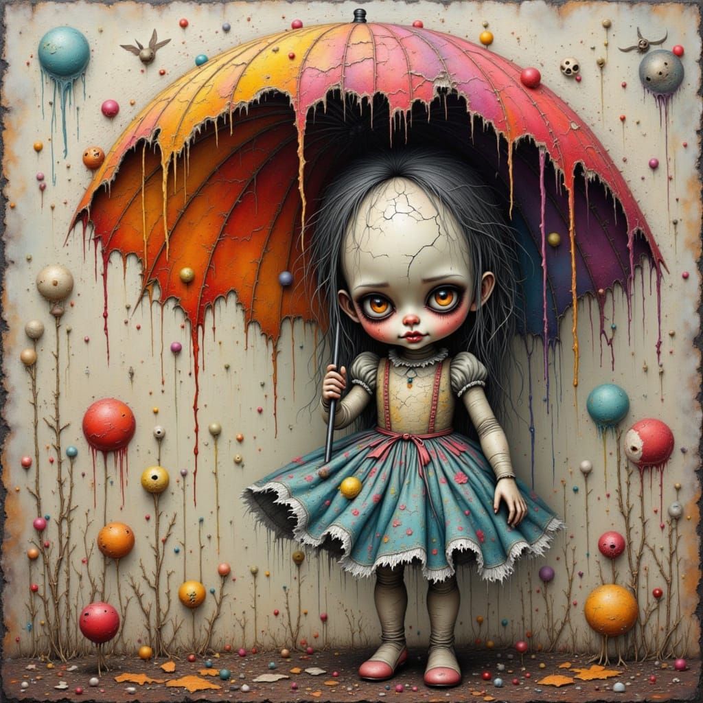 Surreal Porcelain Doll in Whimsical, Eerie Landscape