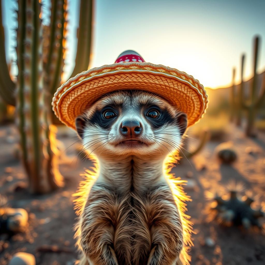 Meerkat in Sombrero: Hyperrealistic Desert Photography