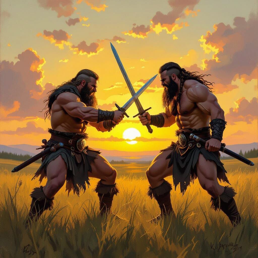 Vikings Sword Fighting in a Sunset Meadow - Oil Painting