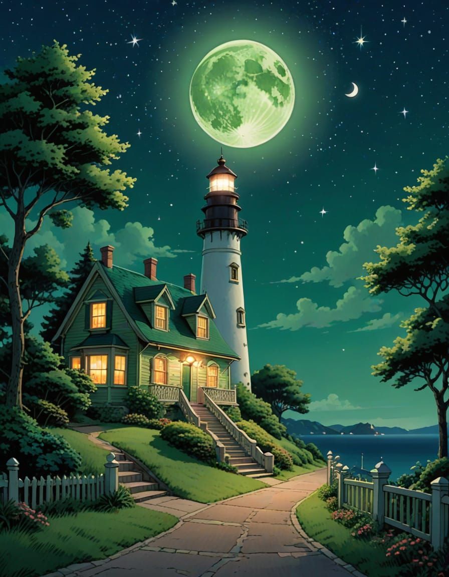Moonlit Whimsy over Lighthouse