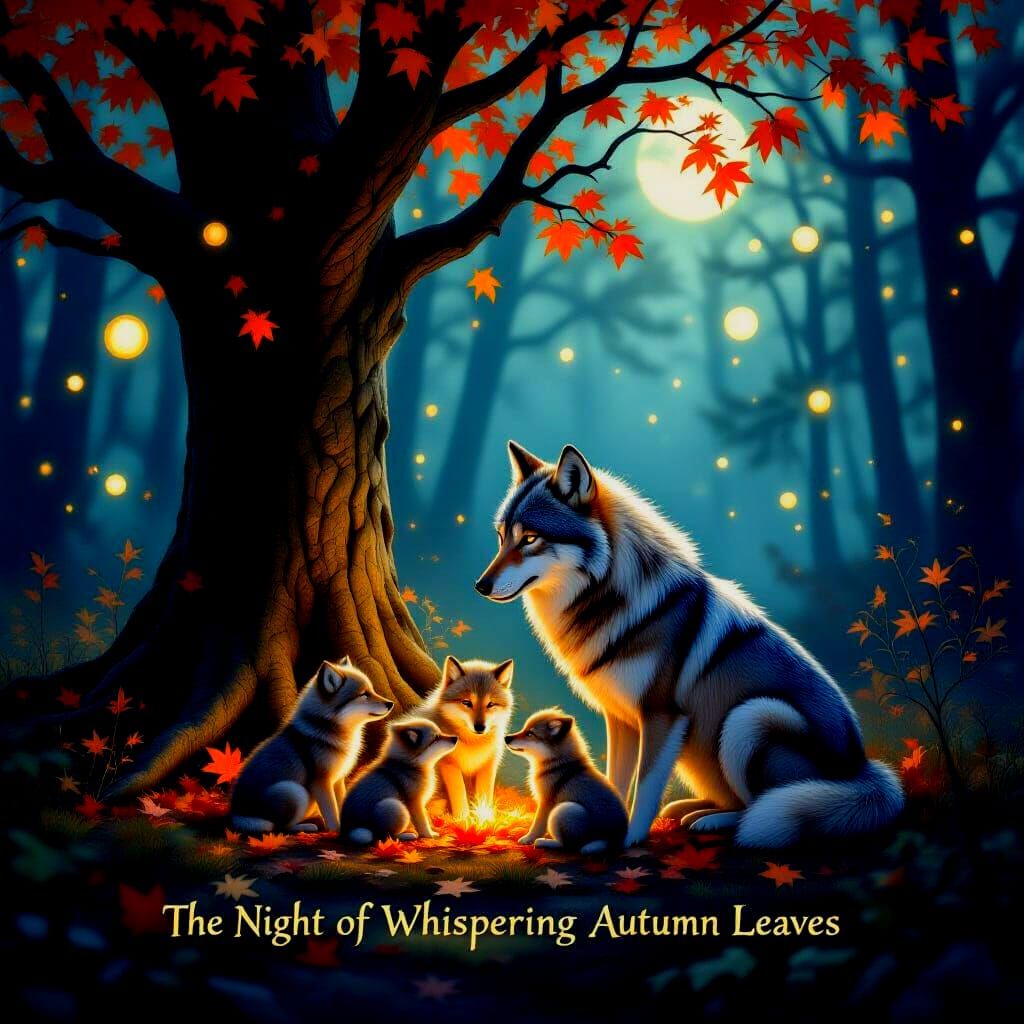 Wolf Family Celebrates Autumn Nights Under Glowing Tree