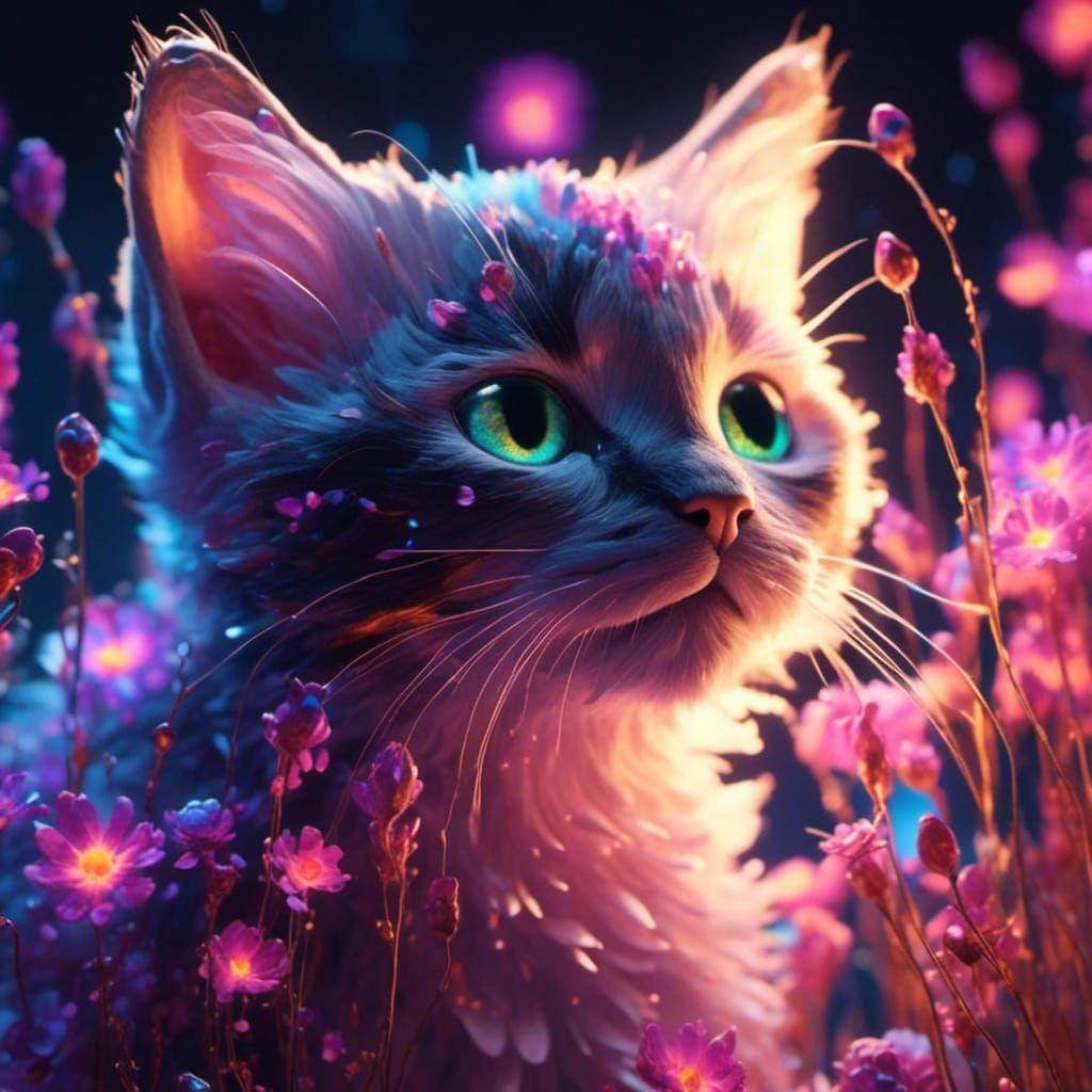 Bioluminescent Kitten with Glowing Flowers