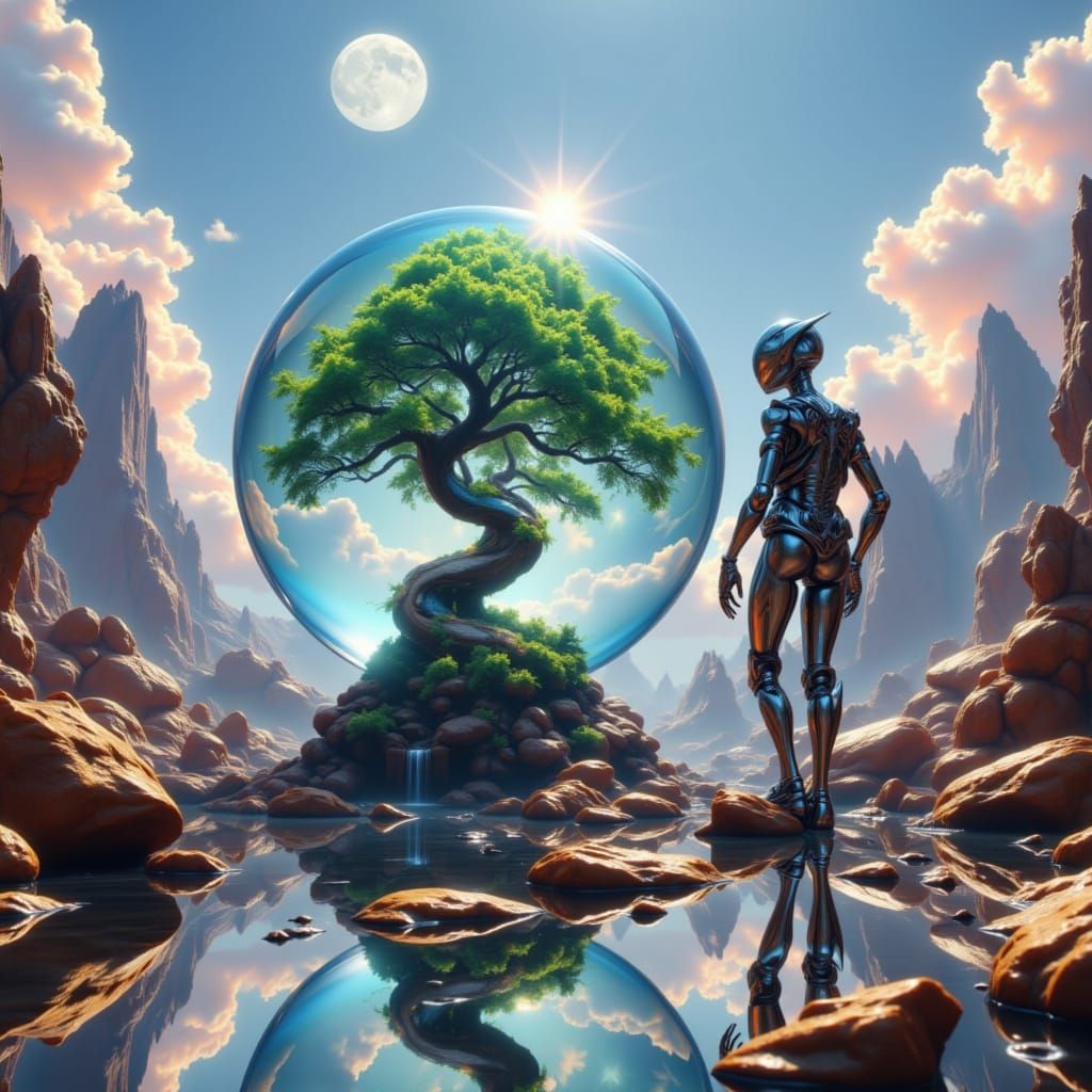 Surreal Anime Mecha Scene with Ancient Tree in Glass Sphere