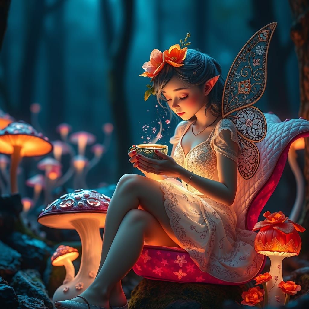 view of a sparkling fairy drinking a cup of tea beautifully ...