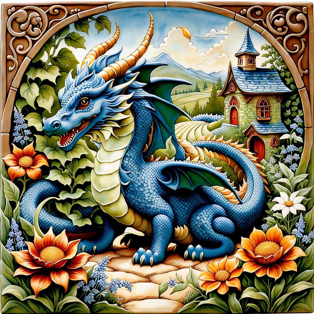 Country Witch and Ceramic Dragon in Garden Scene