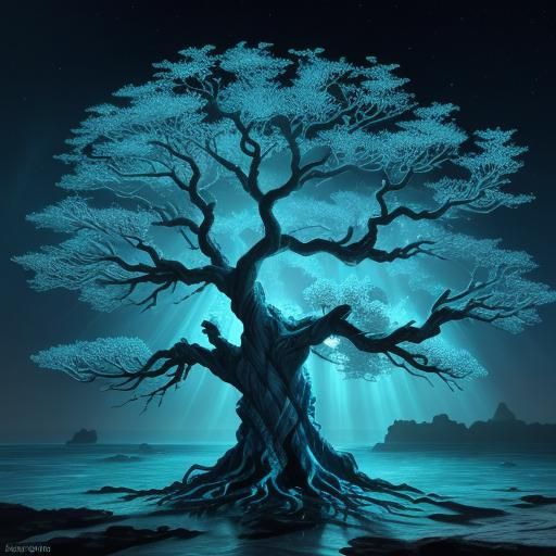 Bioluminescent Coral Tree Concept Art in Ocean Depths