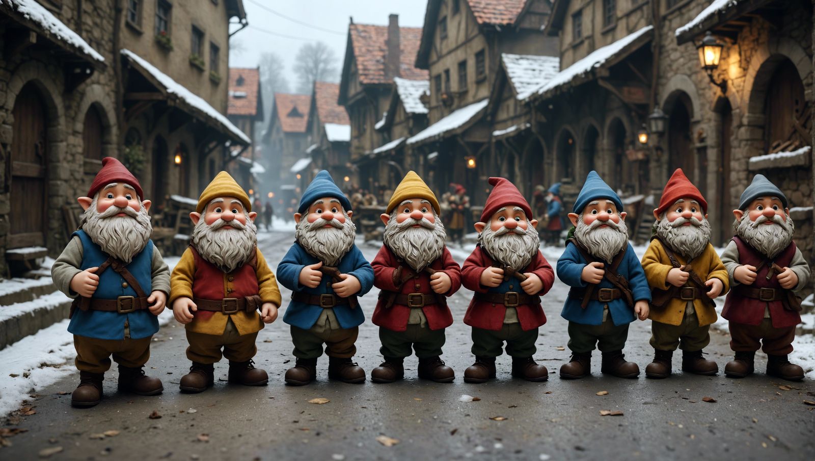 The 7 dwarves with snow white on an abandoned street.