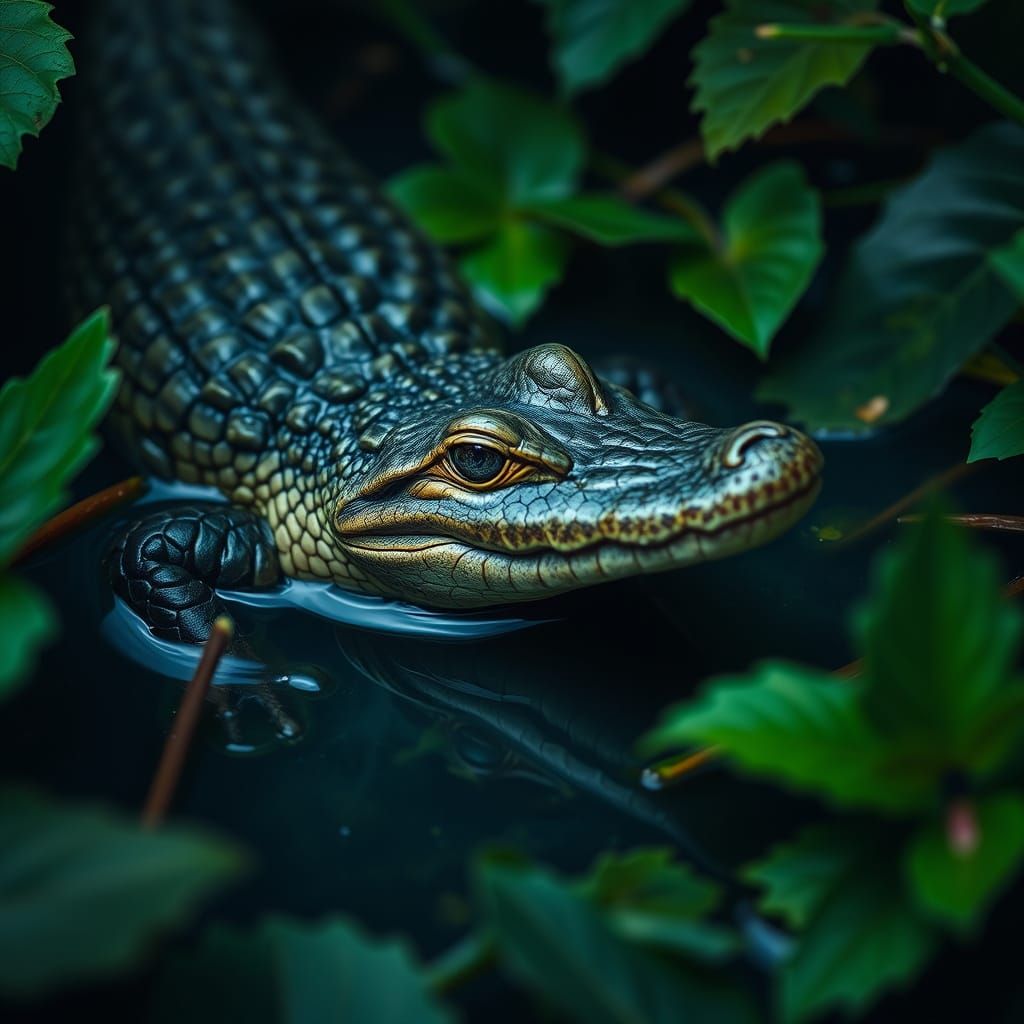 Baby Crocodile in Lush Lagoon, Wildlife Photography