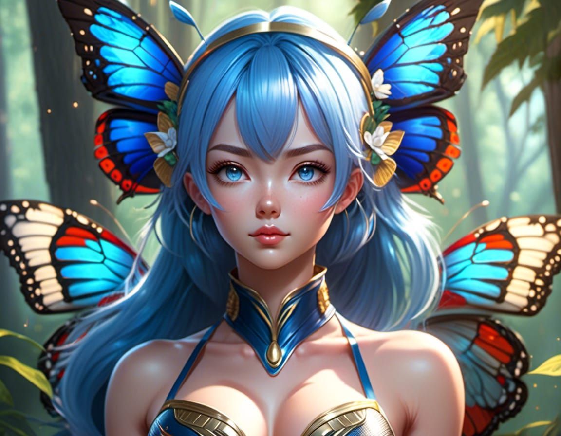 Blue-Haired Woman with Butterfly Wings in Forest