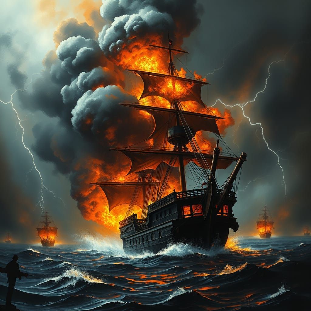 Pirate Ship Ablaze in Midnight Storm