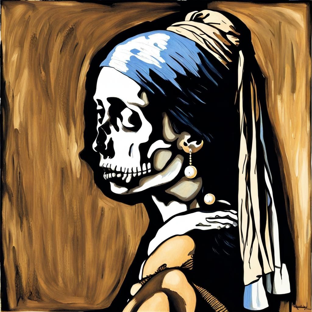Skeleton Girl with Pearl Earring, Ink Print Style