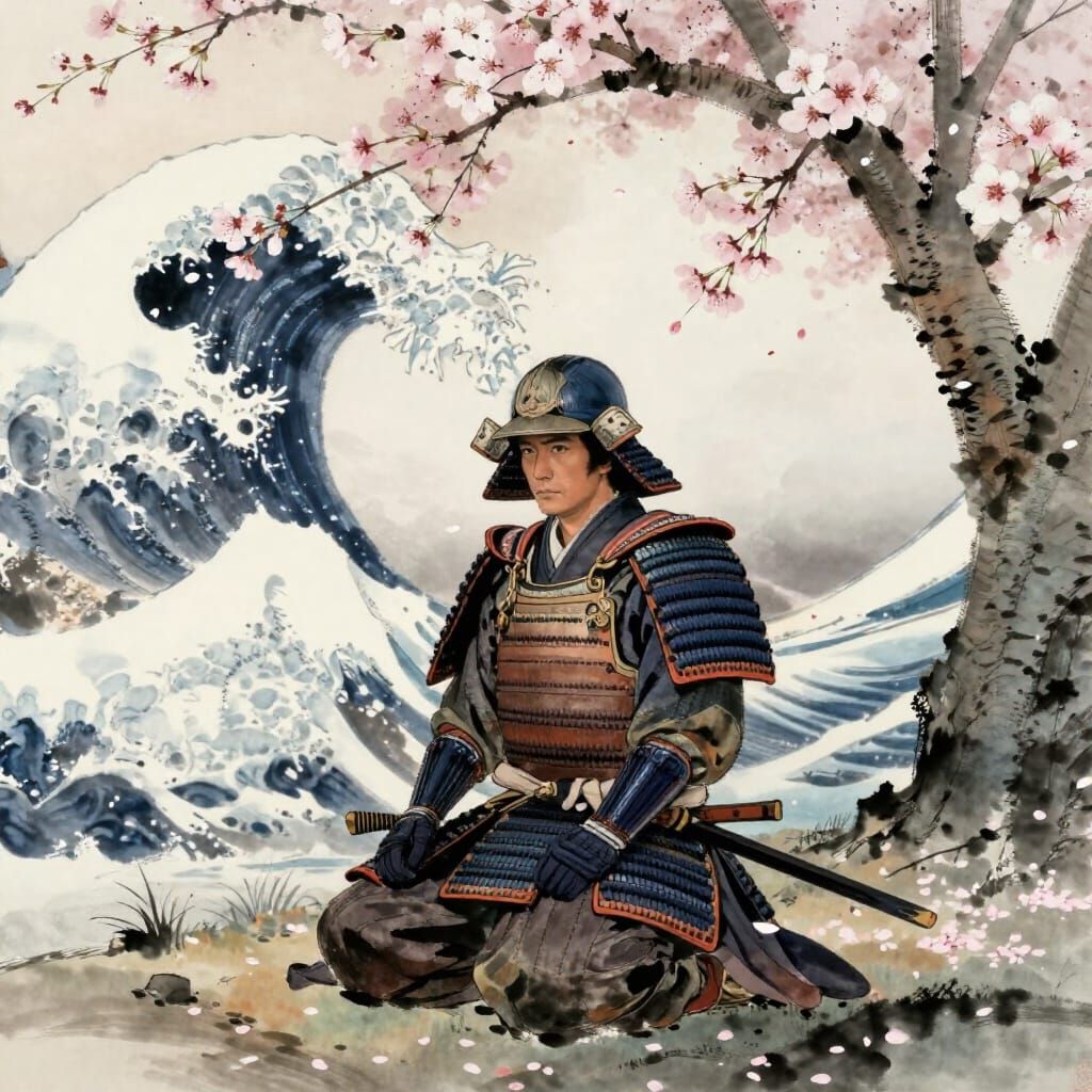Samurai in Cherry Blossoms, Ink Wash Style