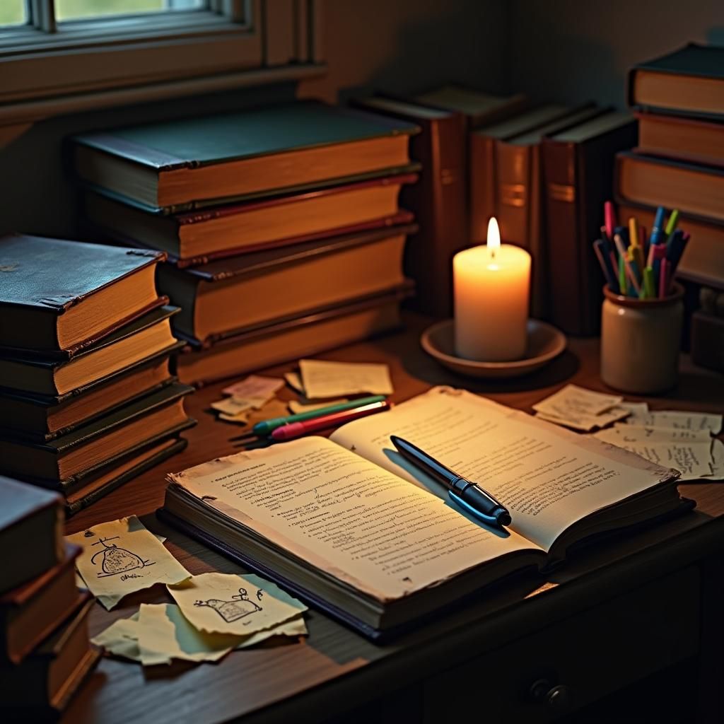 Cluttered Biology Student Desk in Hyperrealistic Style