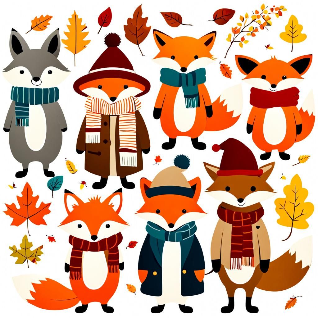 Woodland Animals in Fall Attire: 2D Vector Art