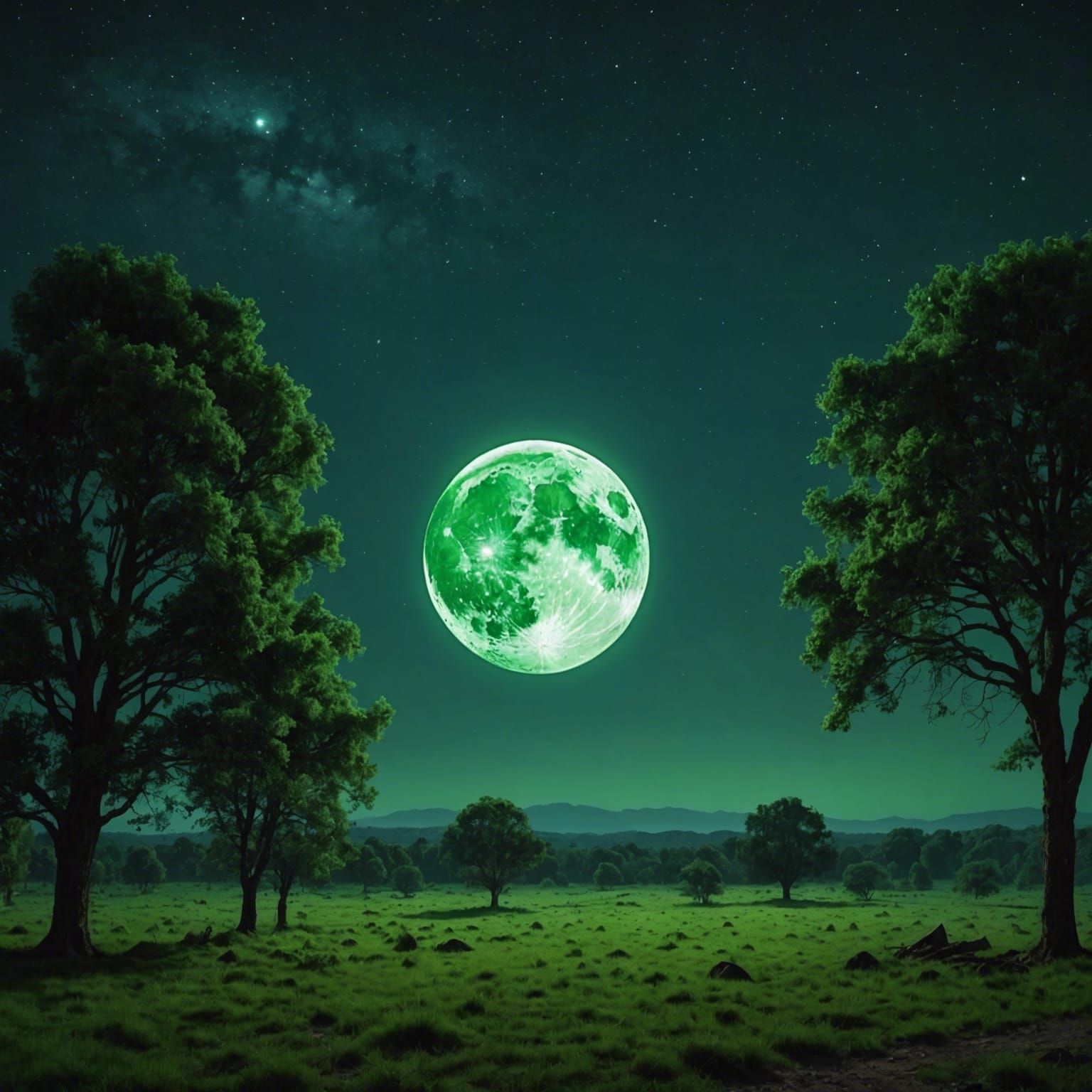 Eerie Green Moon at Midnight: Digital Matte Painting