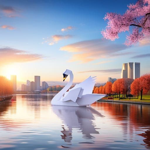 Paper Swan Statue in City Park: Origami Papercraft