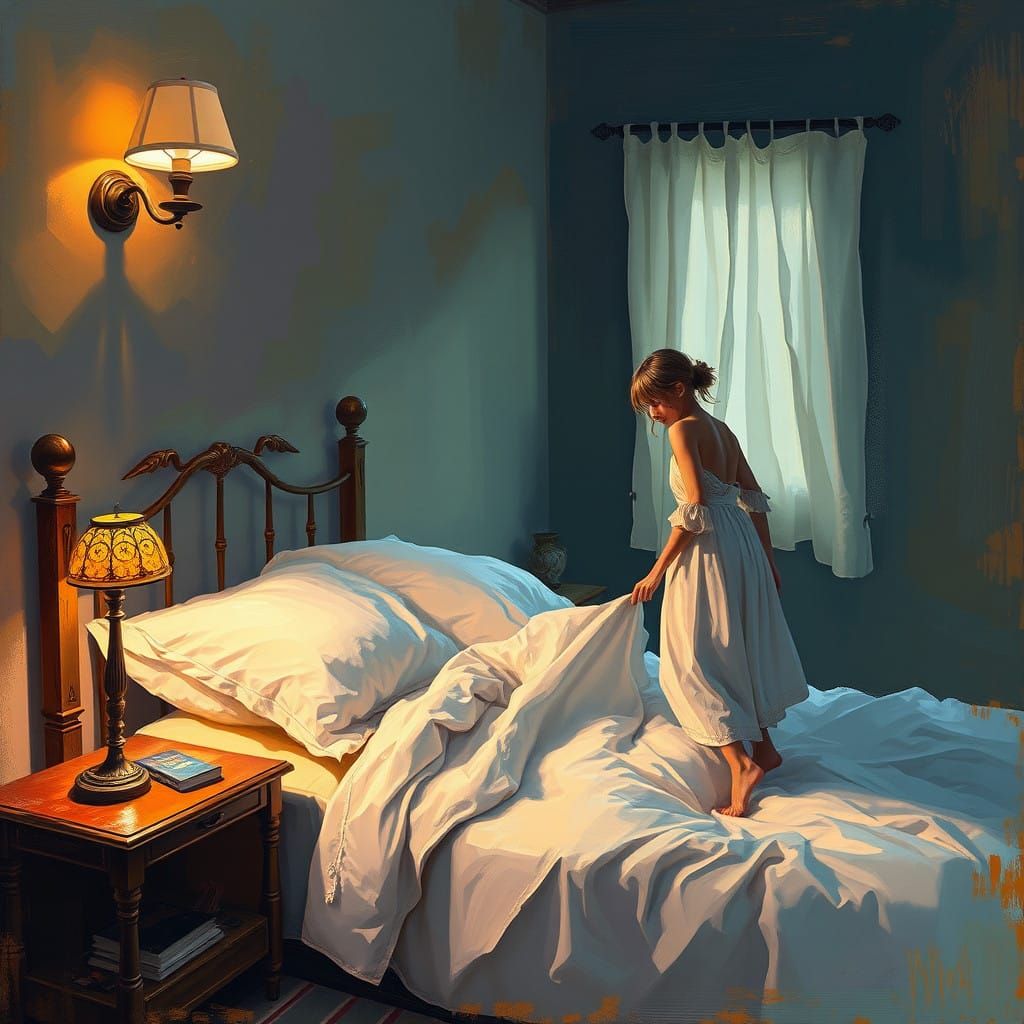 Cozy Bedroom Scene with Soft Lighting and Intricate Details