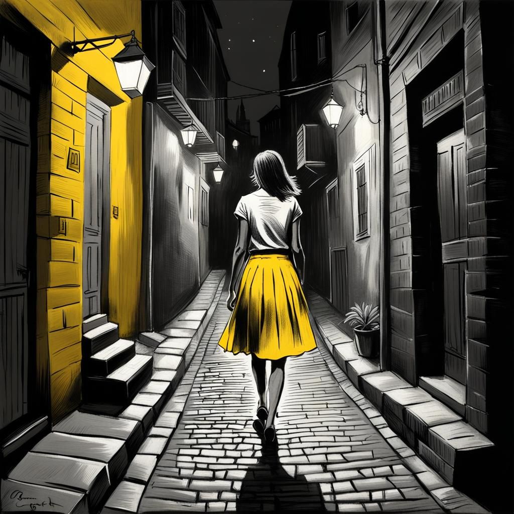 Woman in Yellow Skirt: Charcoal Alley Scene