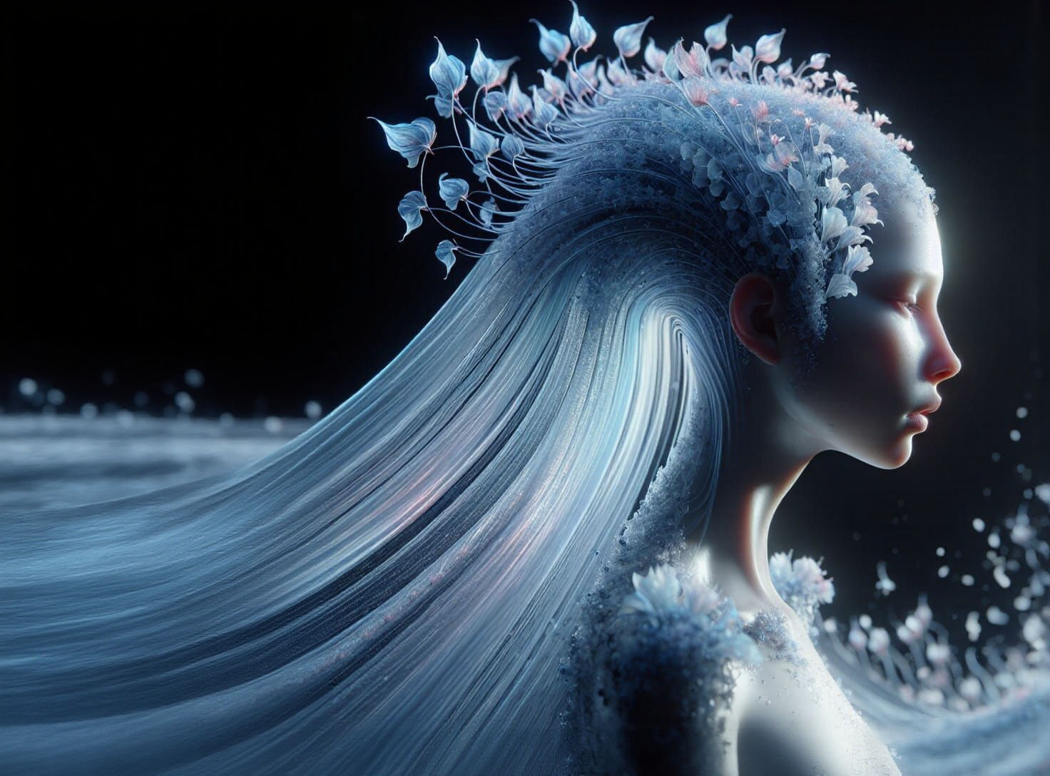 Surreal Woman in Profile with Flowing Floral Veil