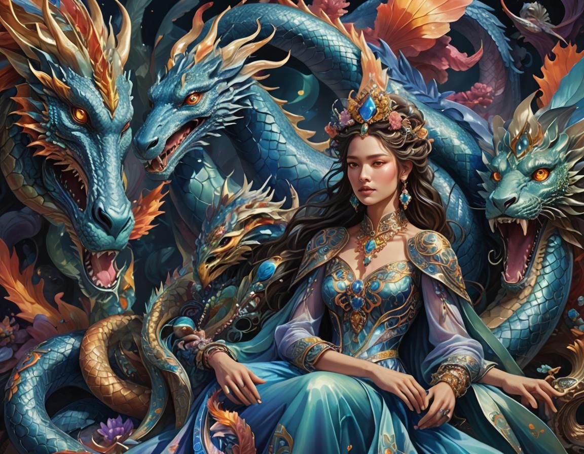 Ethereal Woman and Mythical Beasts in Surreal Digital Art
