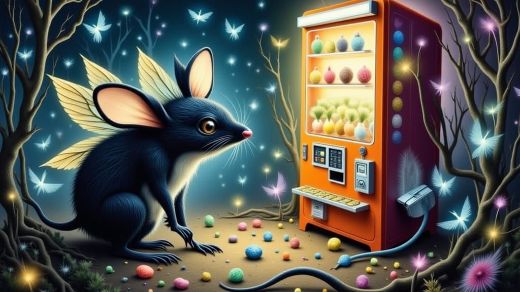 <lora:Psychopomp:1.0> Some fairy mice raid a snack vending m...