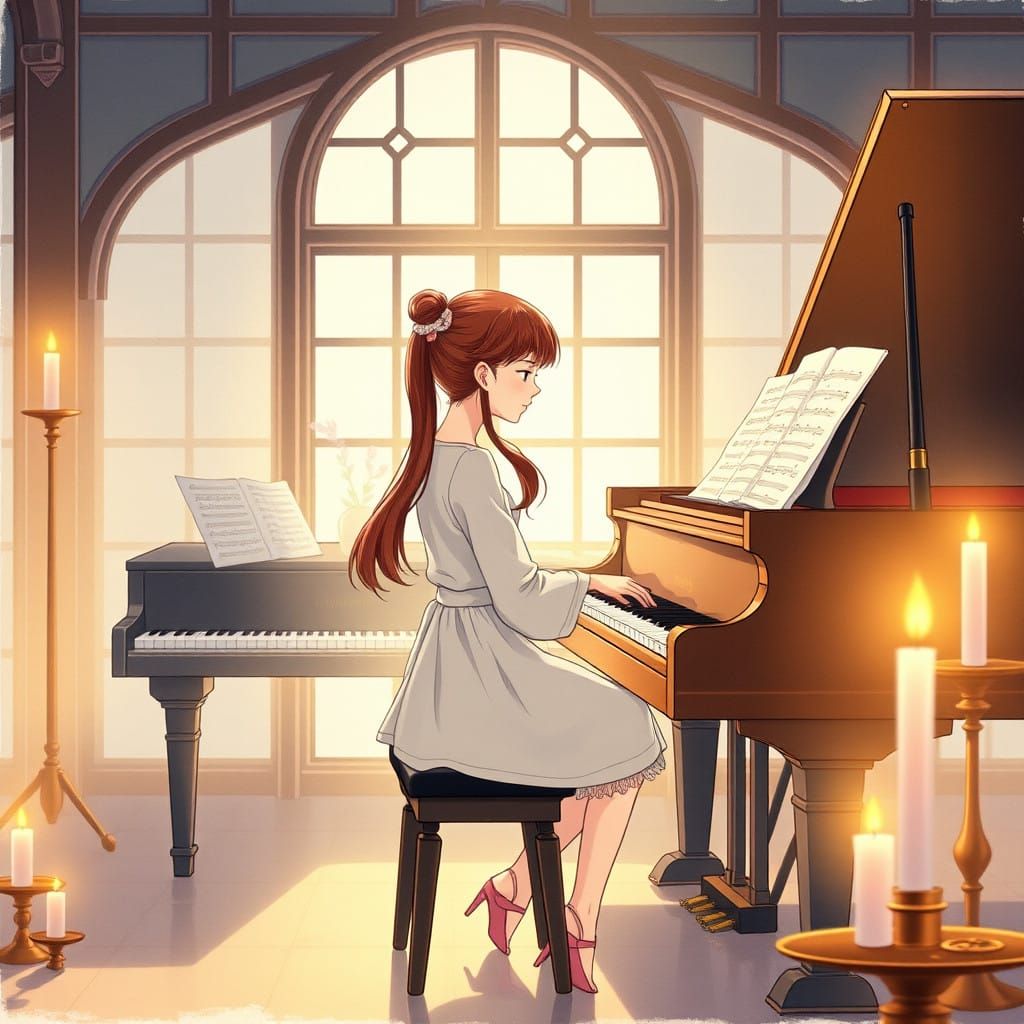 Serene Anime Girl Plays Piano in Candlelit Room