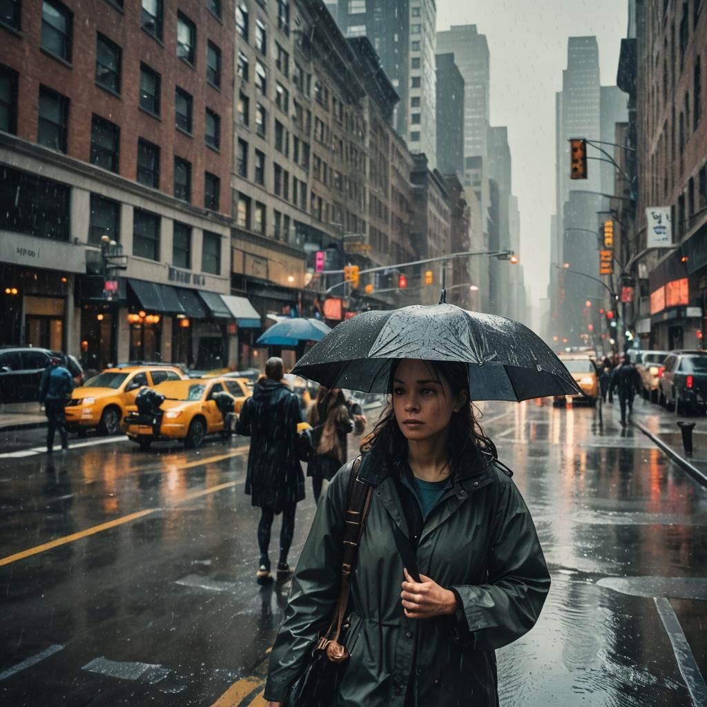 Beautiful Woman in Rainy New York Rooftop