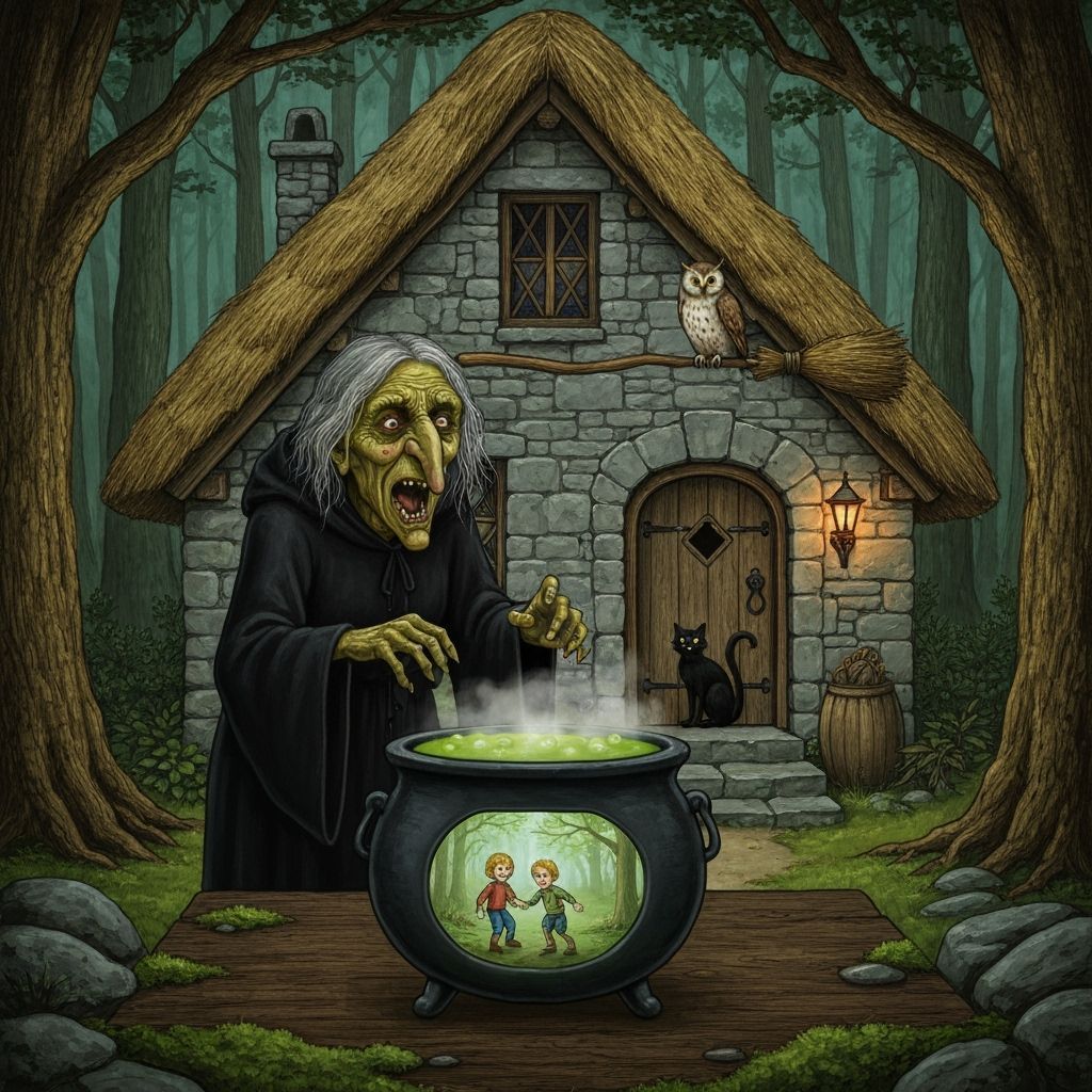 Old Forest Hag Curses Children in Cauldron