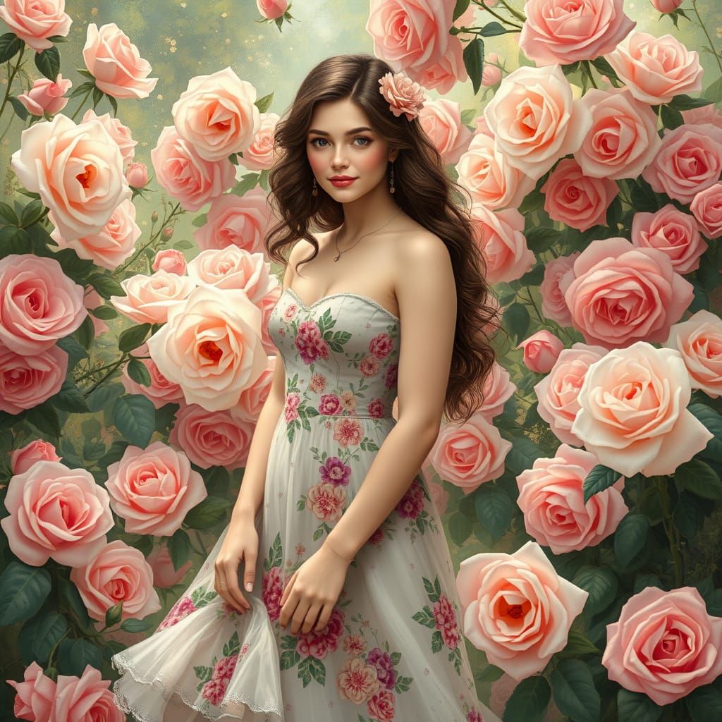 Ethereal Rose Garden Scene in Whimsical Art Style