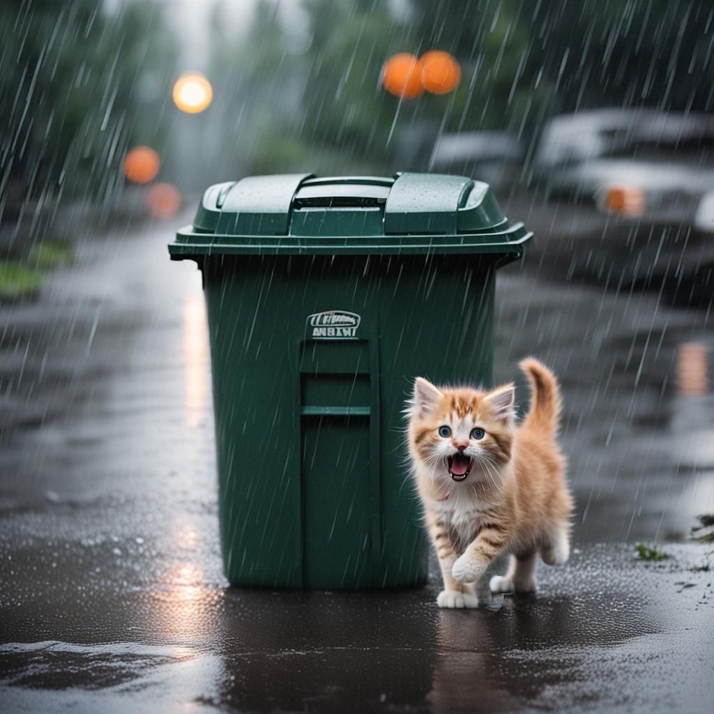 Adorable Fluffy Kitten in the Rain