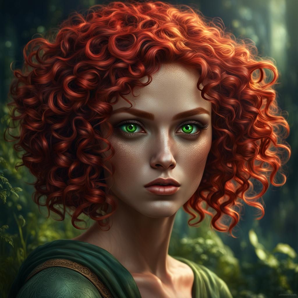 Intricate Portrait of Red-Haired Girl with Green Eyes