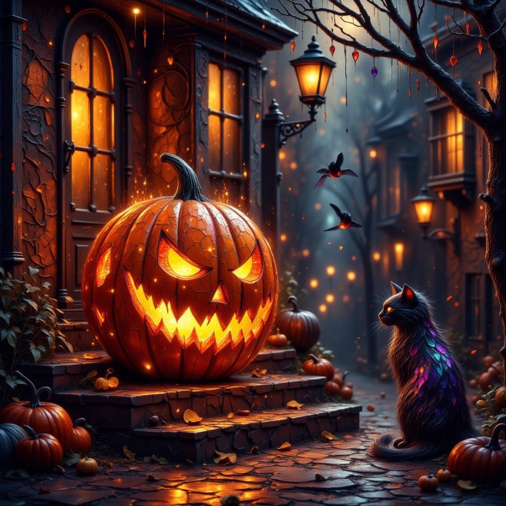 Fiery Jack O Lantern & Stained Glass Cat