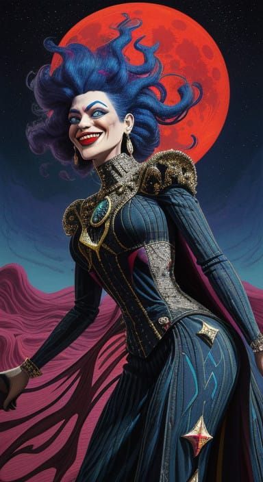 Frenzied Harlequin Under a Blood-Red Moon