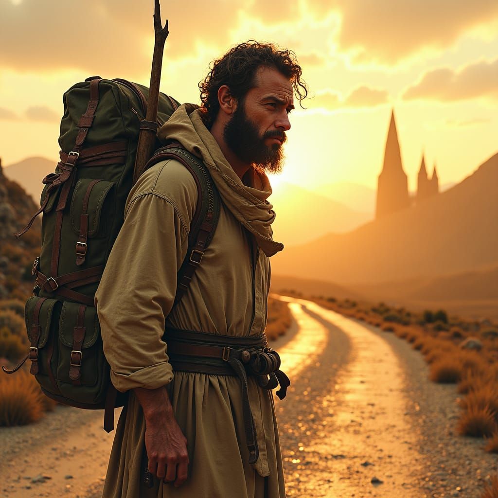 Weary Traveler on Sun-Baked Road: Evocative Digital Art