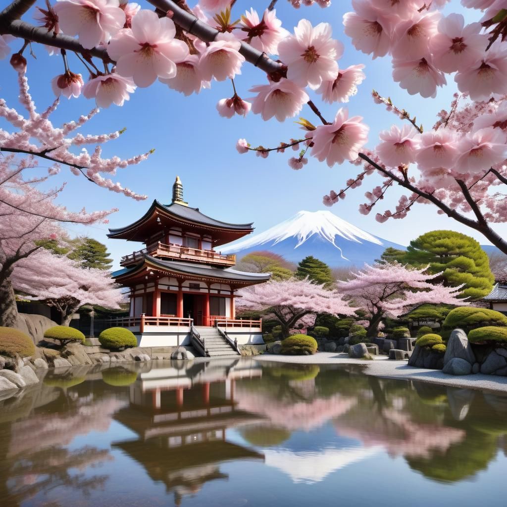 Zen Garden with Cherry Blossoms and Mount Fuji