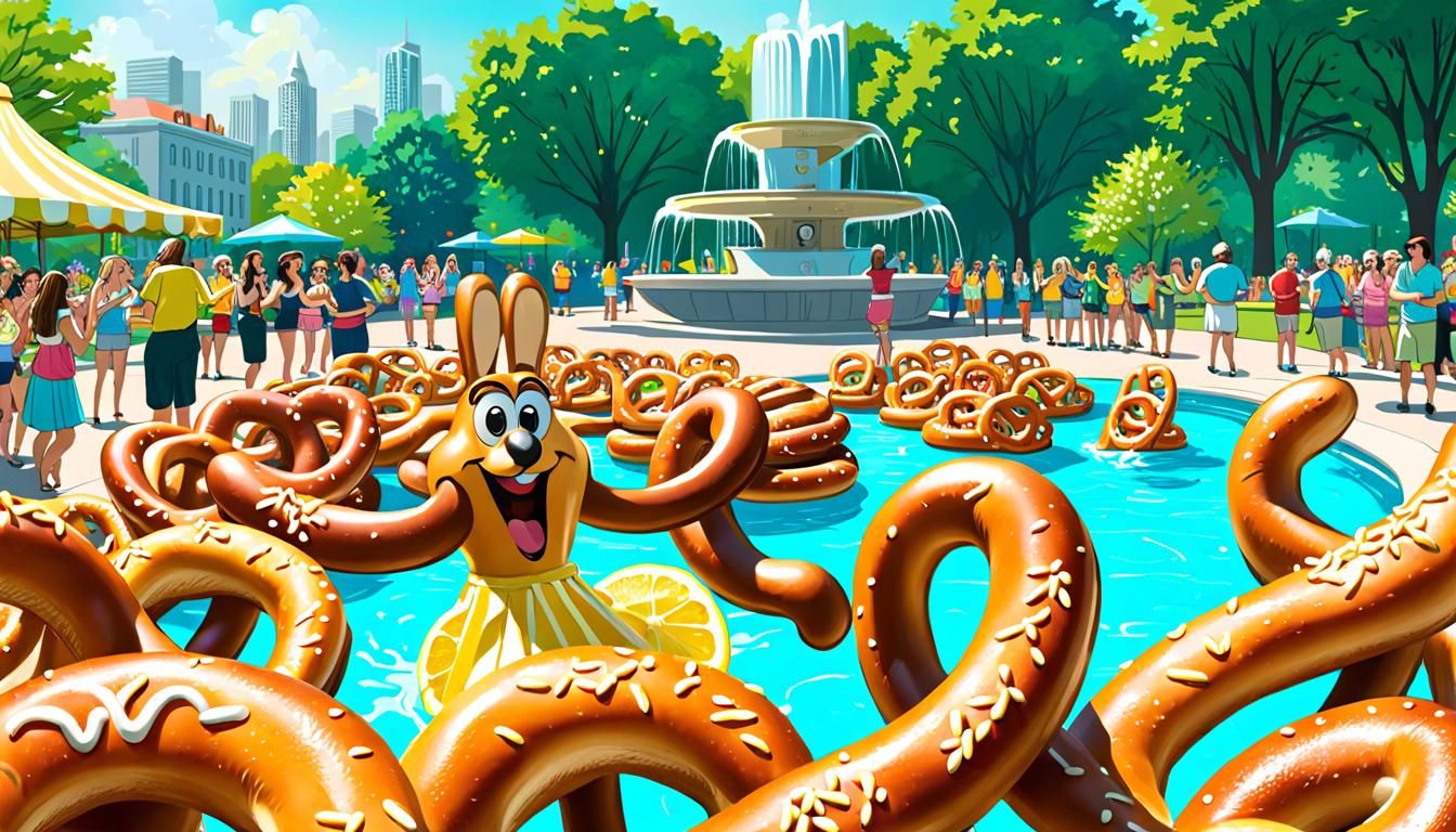 Anthropomorphic Pretzels Dance Near Lemonade Fountain